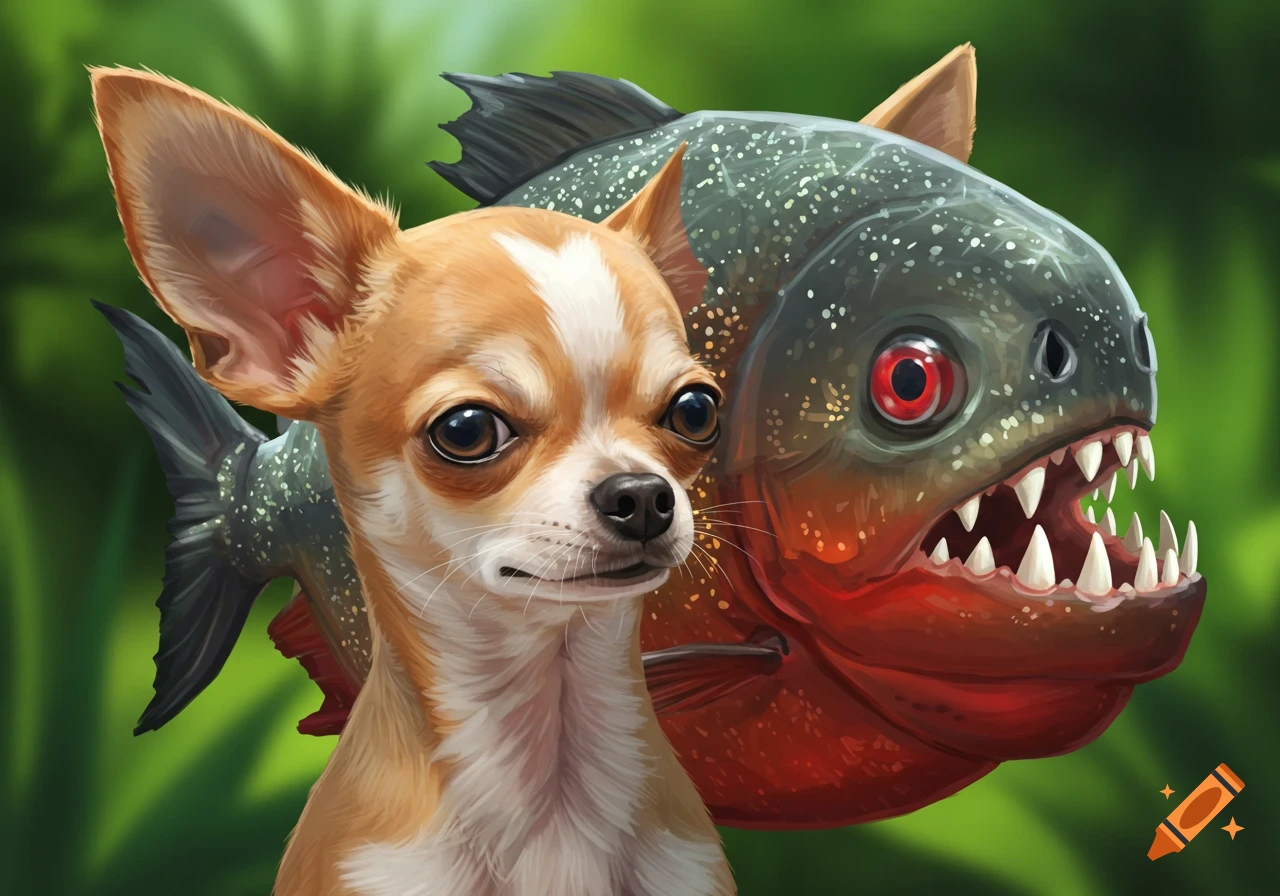 Illustration of a chihuahua combined with a piranha fish against a green background.