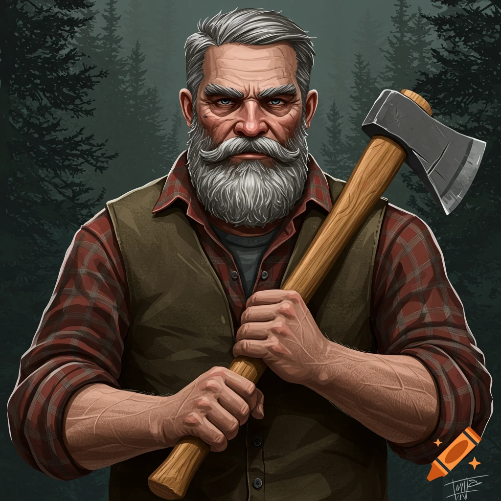 Stylized portrait of an old lumberjack with a beard, wearing a flannel shirt and vest, holding an axe.