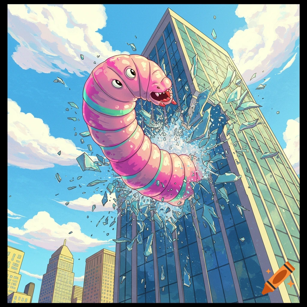 Giant pink cartoon worm smashing through the side of a glass skyscraper in a city.