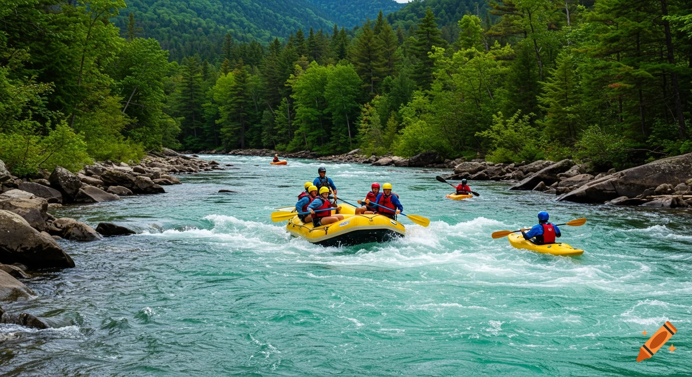 People whitewater rafting and kayaking on a river in a forested mountain landscape