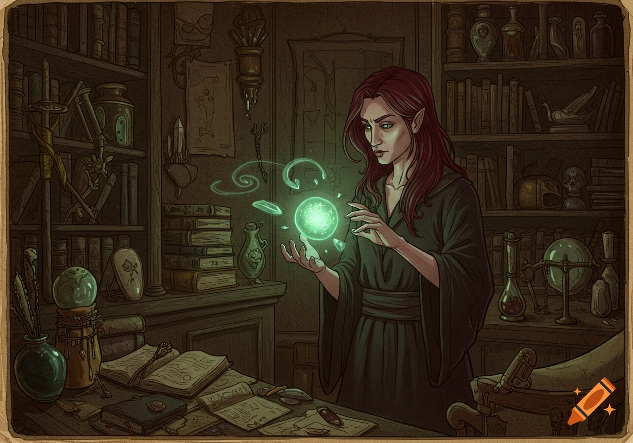 An illustration of a witch in a library holding a glowing green orb.