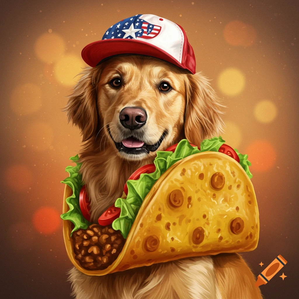 A golden retriever wears an American flag cap and a taco costume