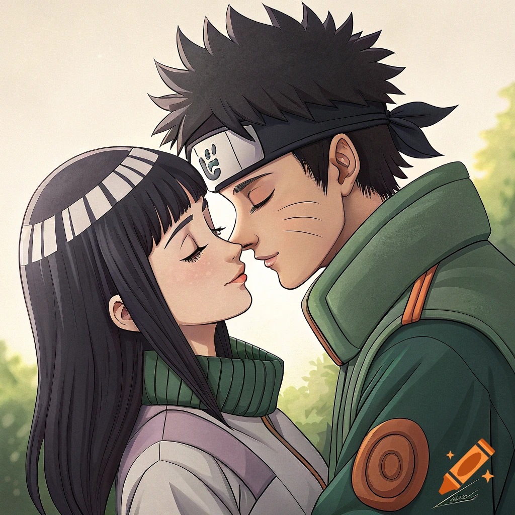 Anime illustration of two characters, likely Rock Lee and Hinata from Naruto, about to kiss.