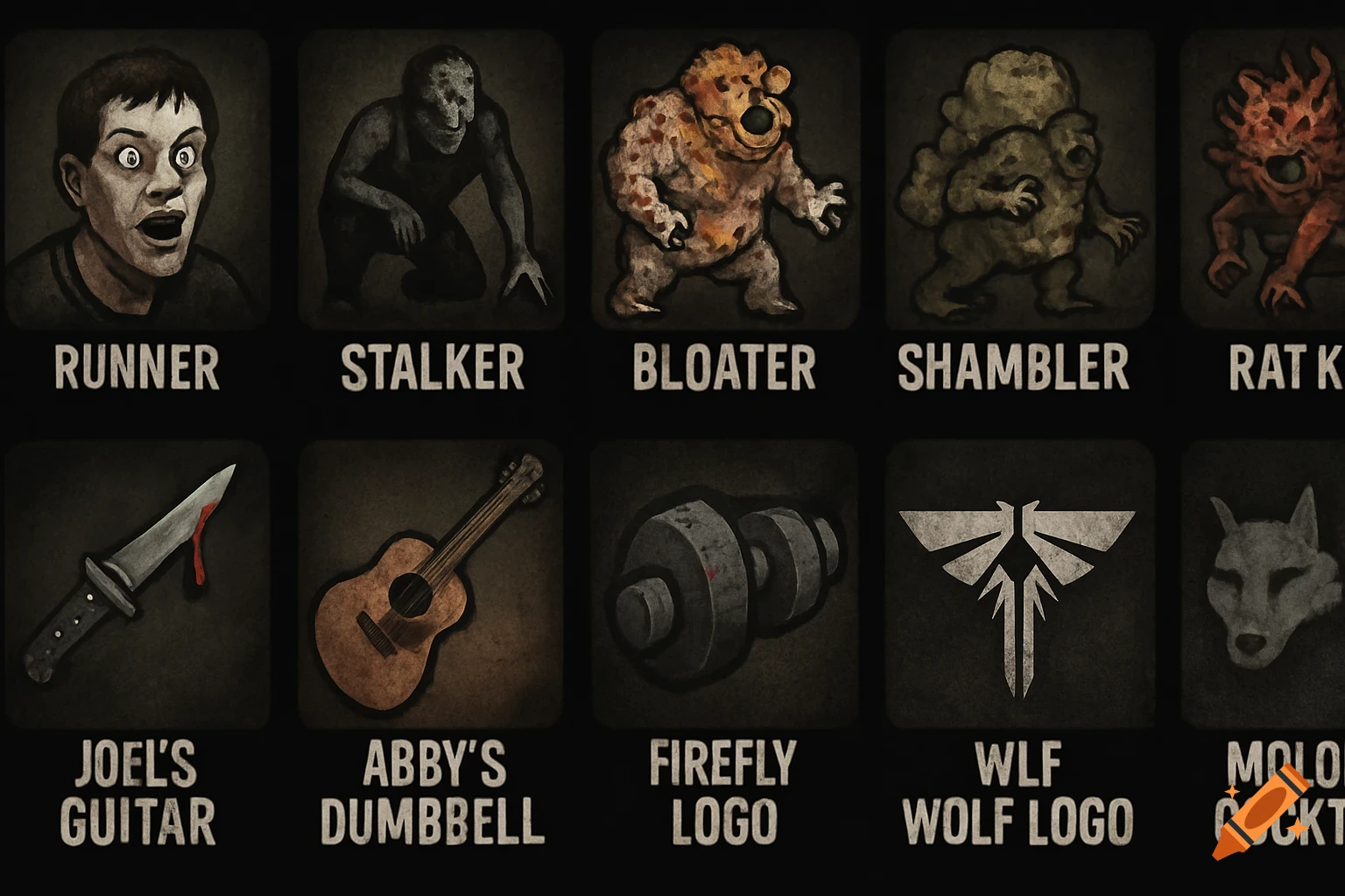 Grid of stylized icons from The Last of Us, including infected creatures and items like a knife, guitar, and logos.