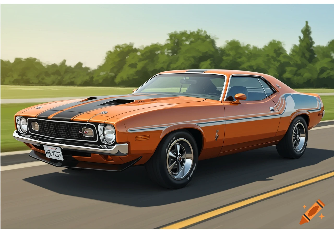 An orange vintage muscle car with black stripes drives on a road.