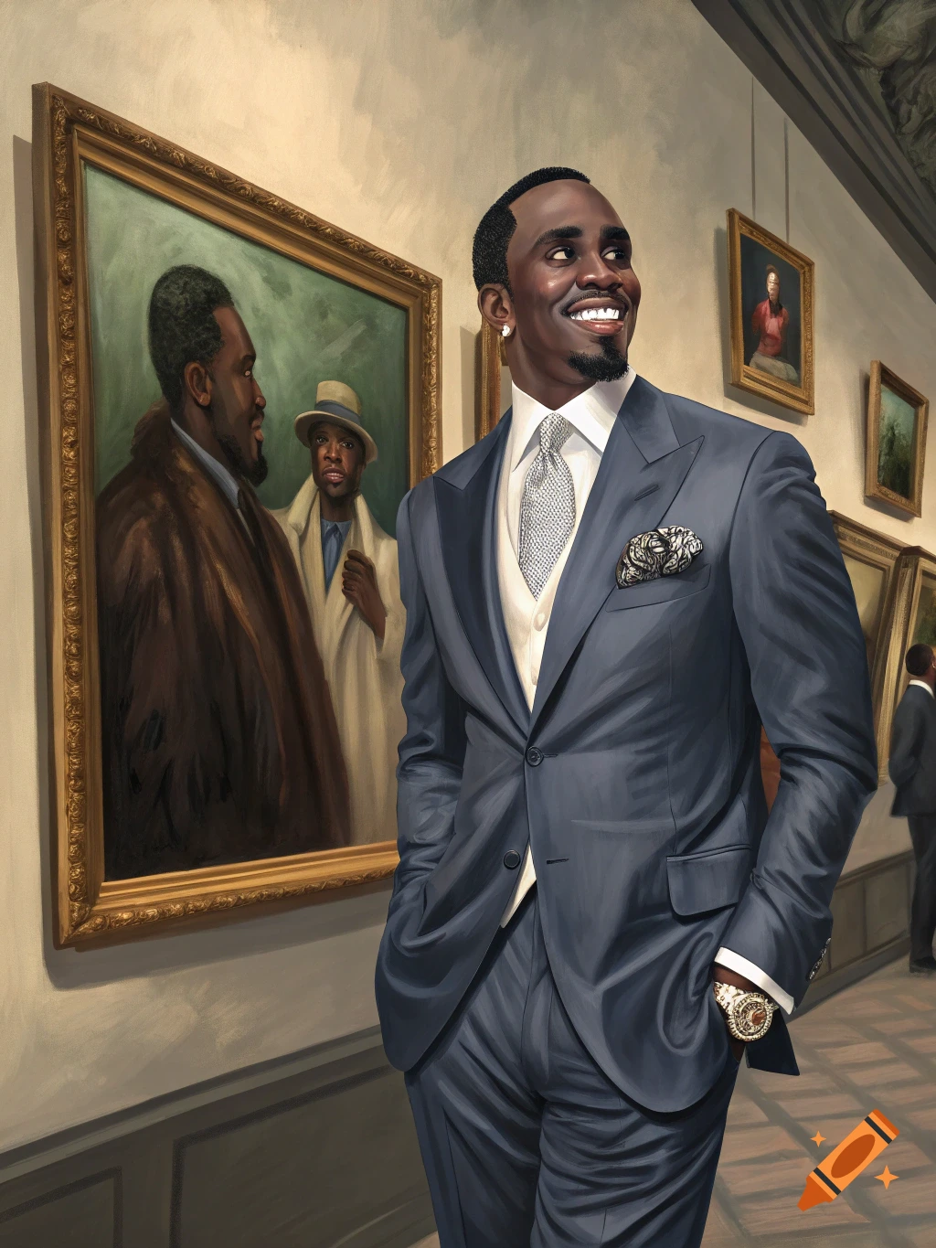 A man in a suit stands in a museum looking at a portrait painting.