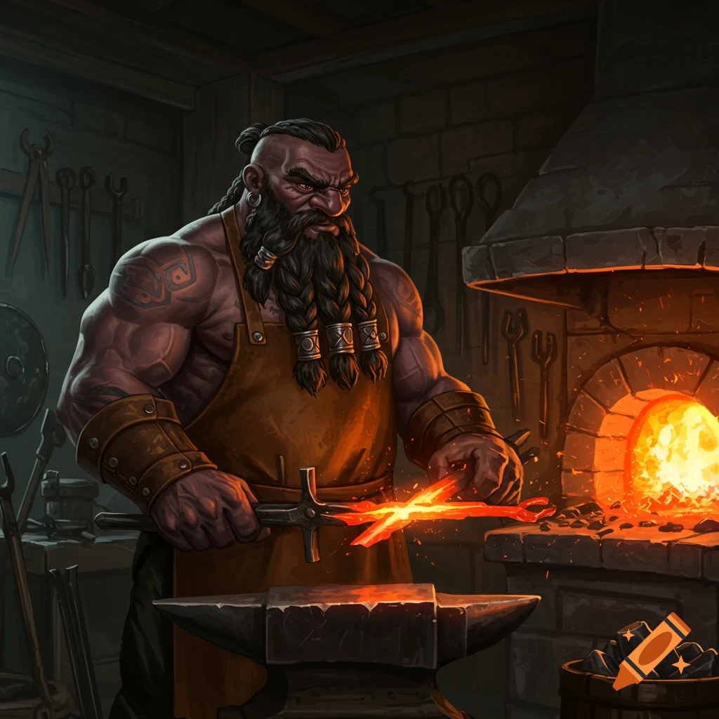 A muscular dwarf blacksmith hammers a glowing metal piece on an anvil in a fantasy forge.