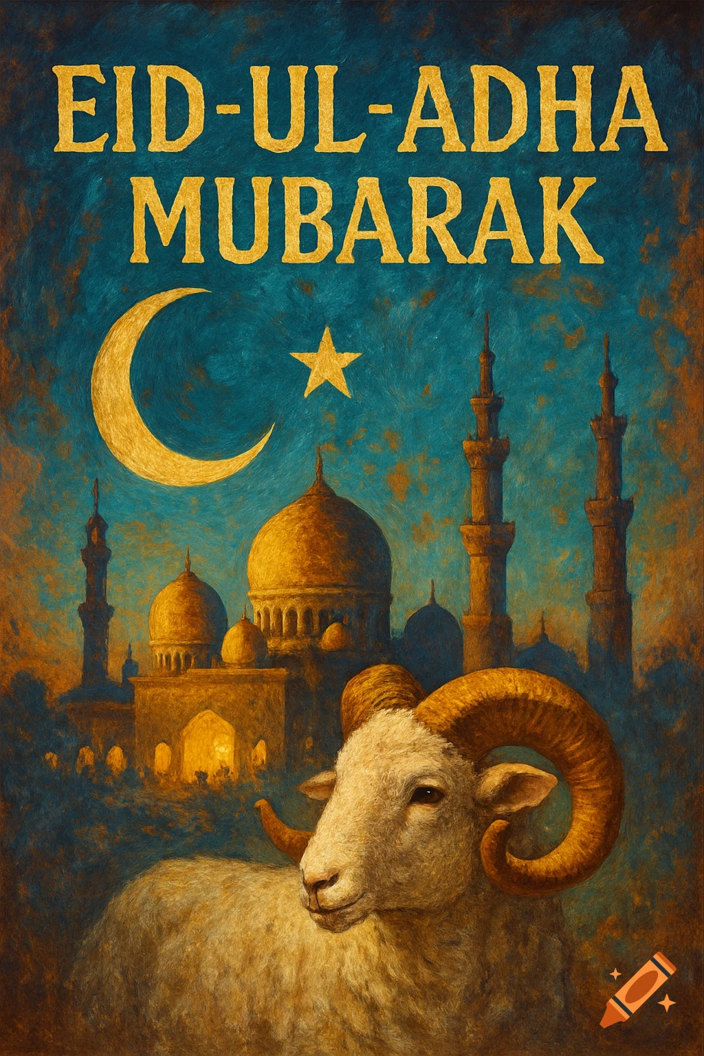 A painting of a mosque under a crescent moon and star, with a sheep in the foreground and the text "EID-UL-ADHA MUBARAK" at the top.