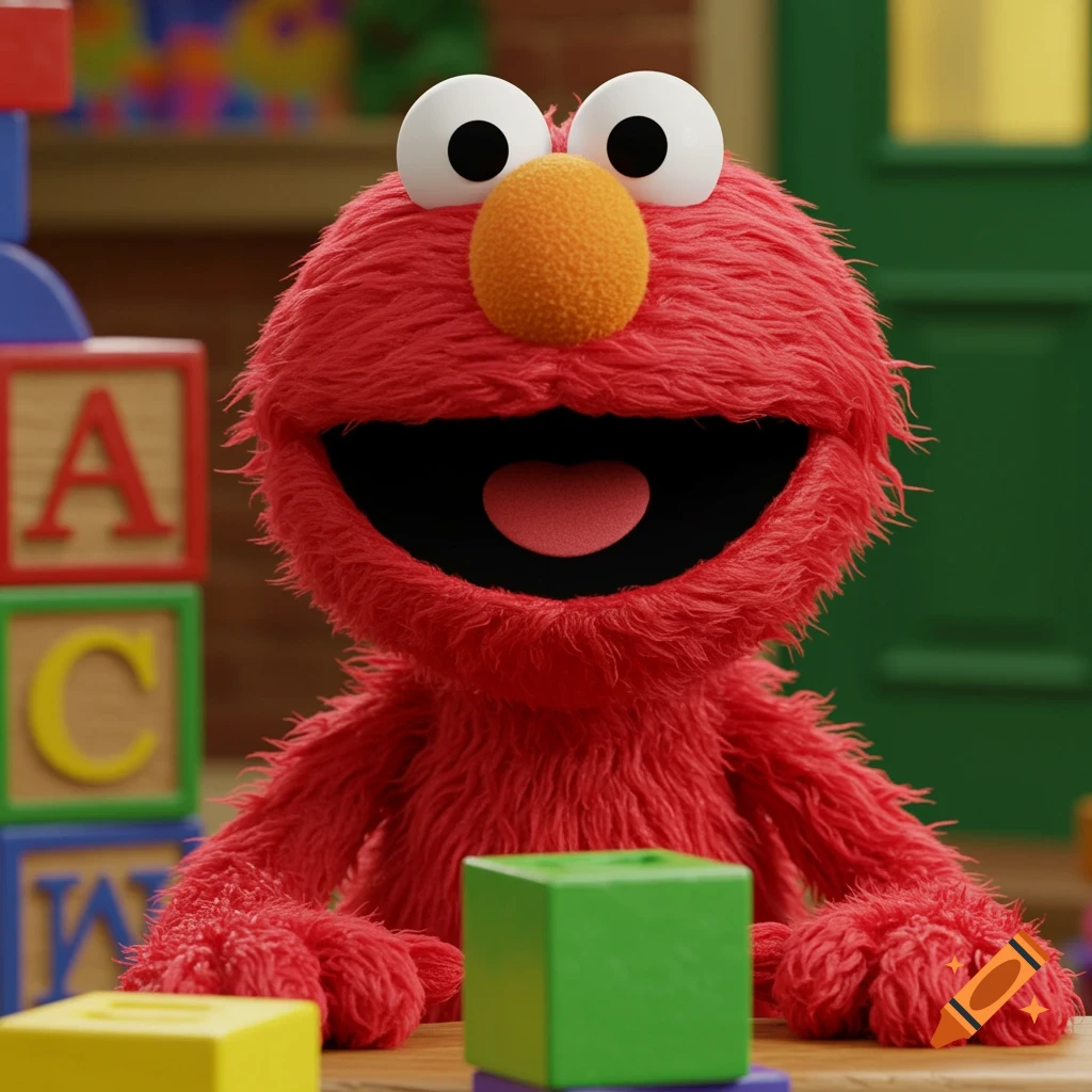 Elmo sits at a table with alphabet blocks and toys, smiling