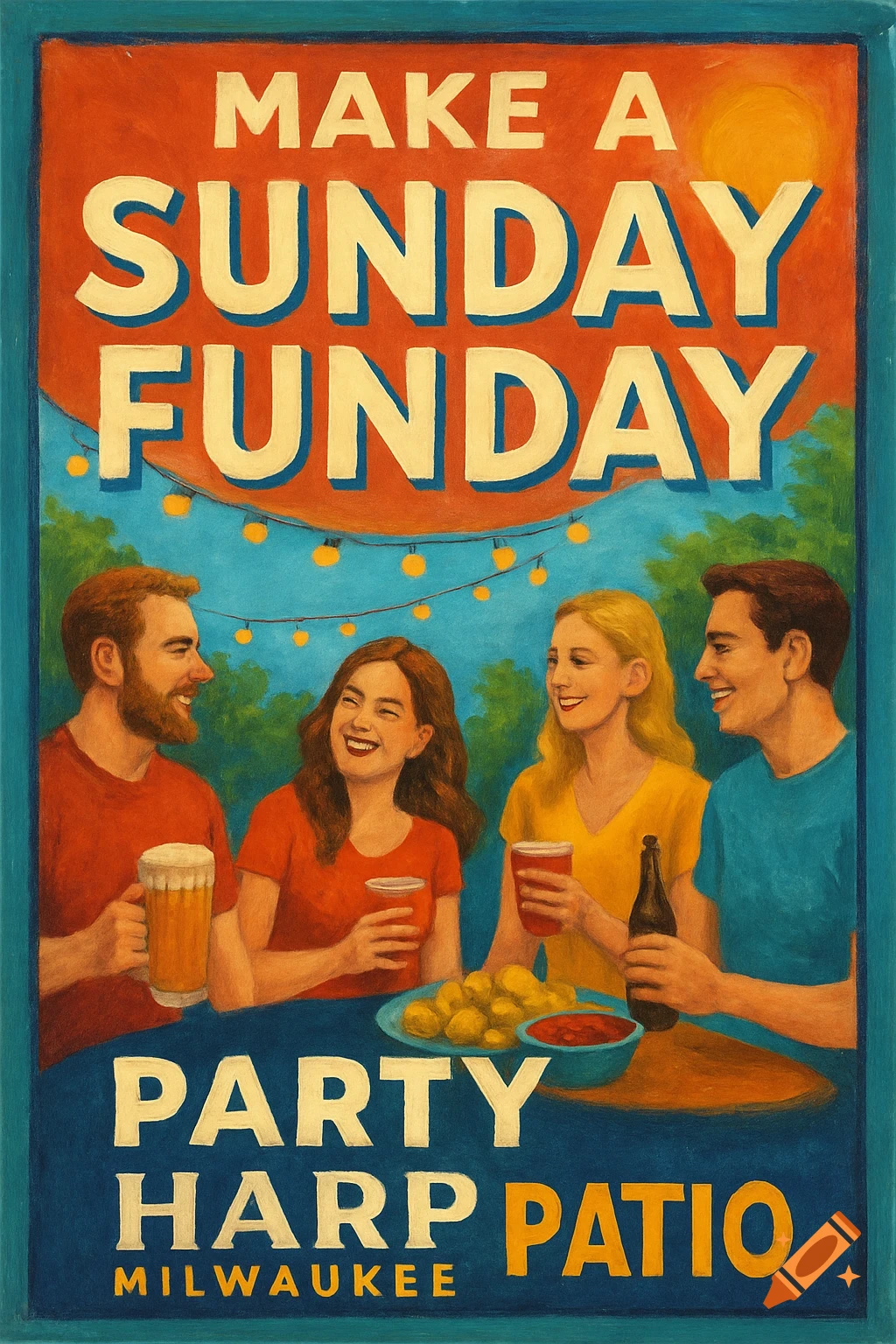 Illustration of friends on a patio with drinks and snacks, featuring text for a Sunday Funday party invitation.