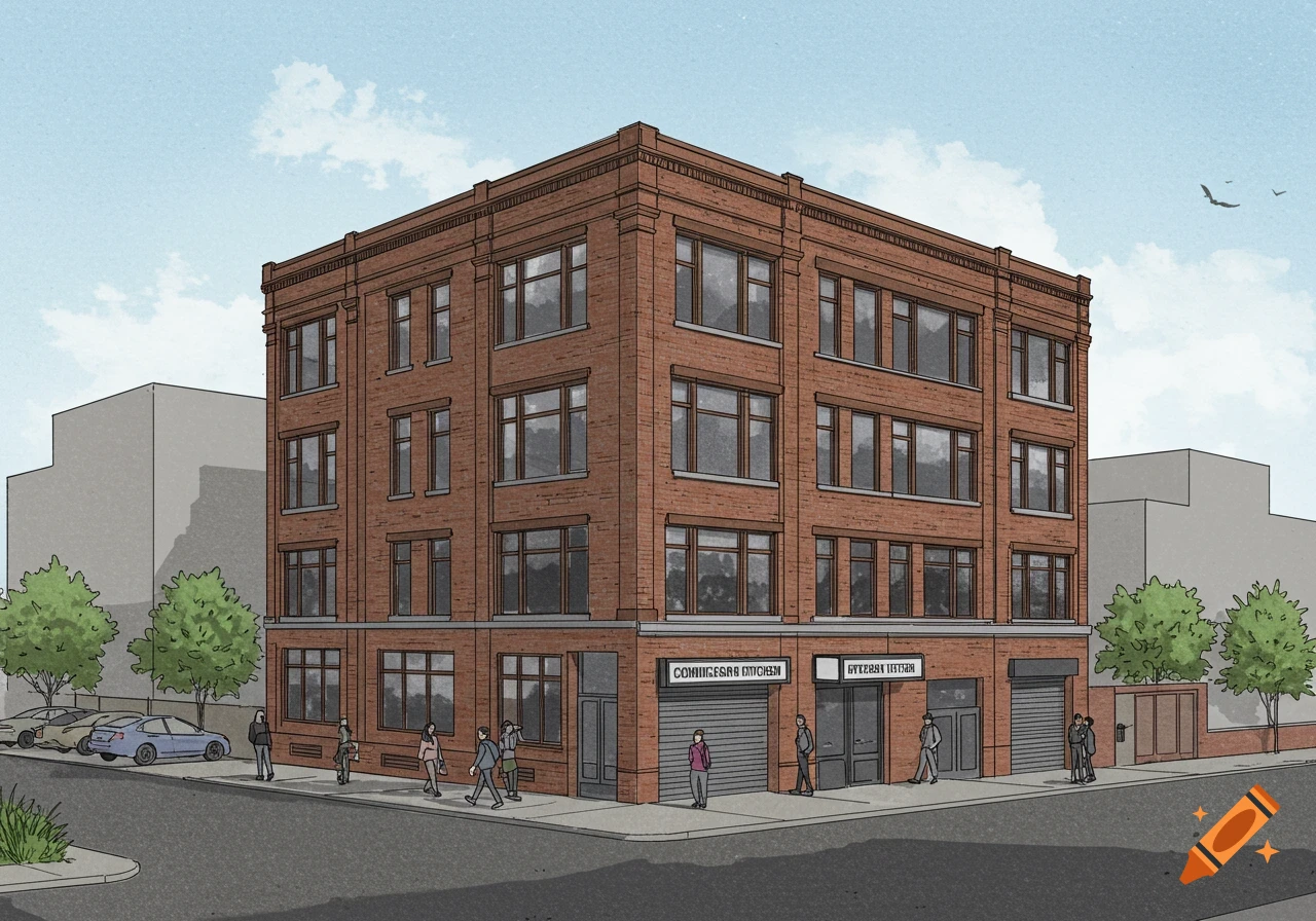 Drawing of a brick building with multiple stories, people walking on the sidewalk, and cars parked nearby.