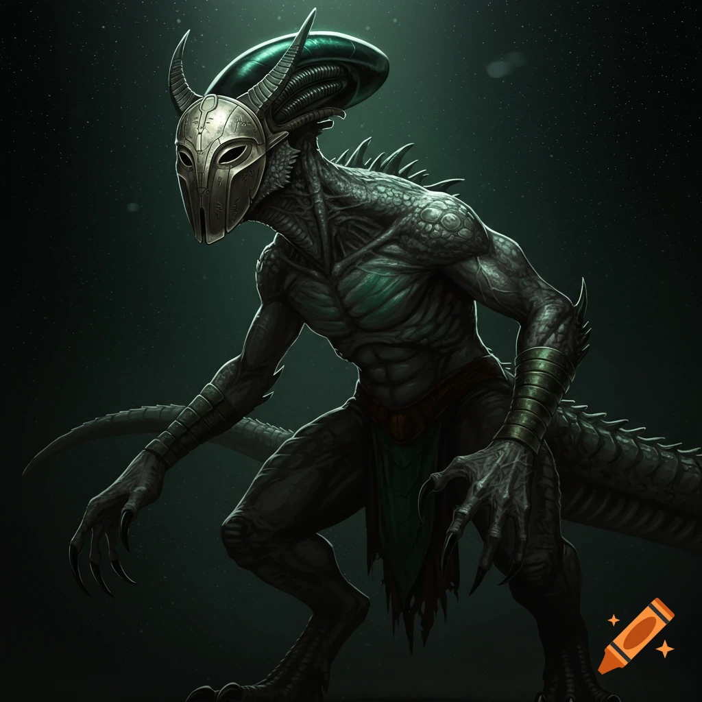 A dark grey reptilian alien with horns and a metallic mask crouches in the dark.