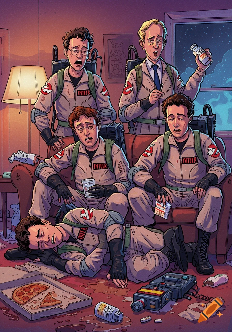 An illustration of the Ghostbusters looking hungover, sitting and lying around with pizza and bottles.