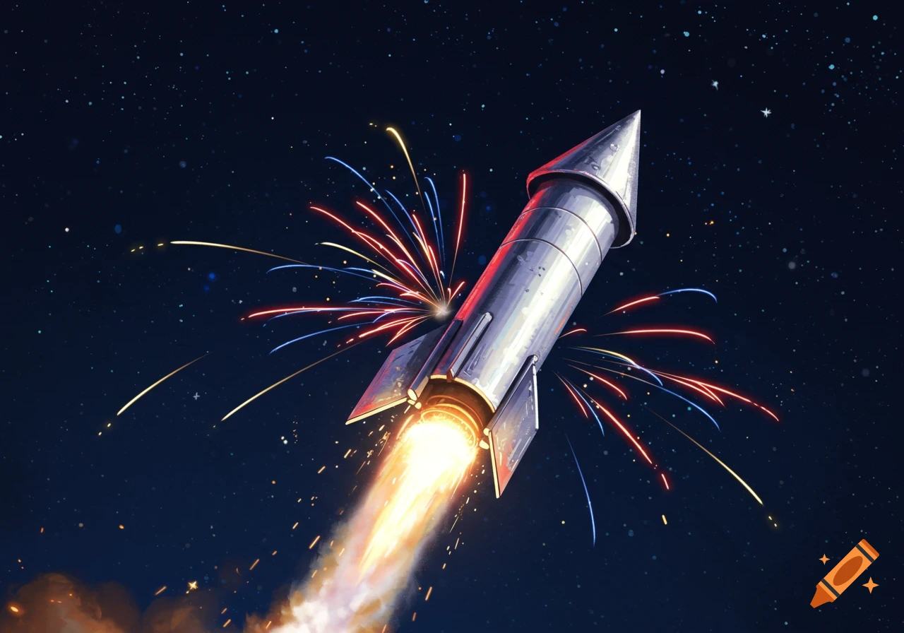 A silver rocket blasting off in space with colorful fireworks and stars in the background.