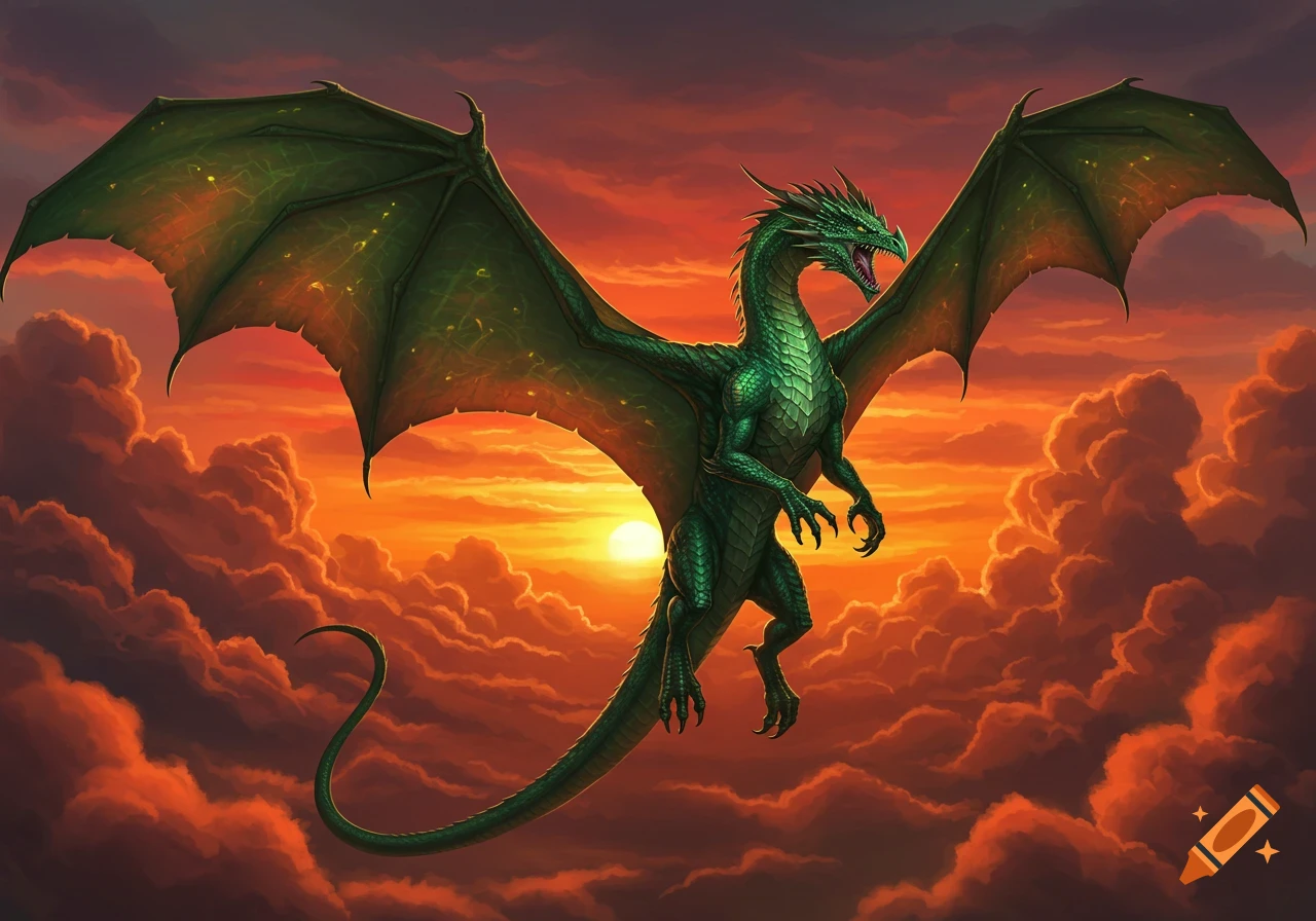 A green dragon flies with wide wings against a vibrant orange and purple sunset sky filled with clouds.