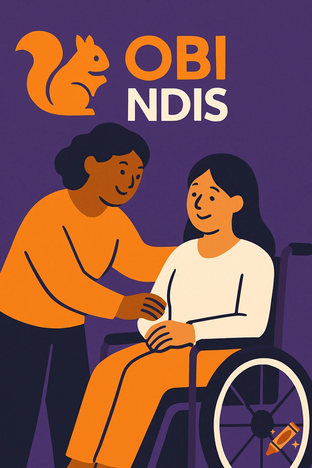 Illustration of a person assisting someone in a wheelchair, with an orange squirrel logo and OBI NDIS text.