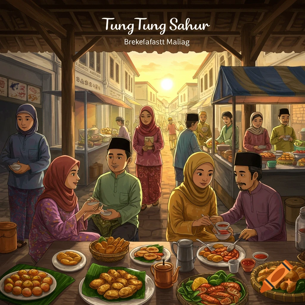 Illustration of people eating outdoors at market stalls at sunrise, with various foods on tables.