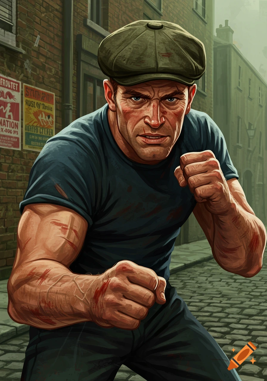 Illustration of an Irish street fighter in a flat cap, in a fighting stance on an urban street, covered in scratches.