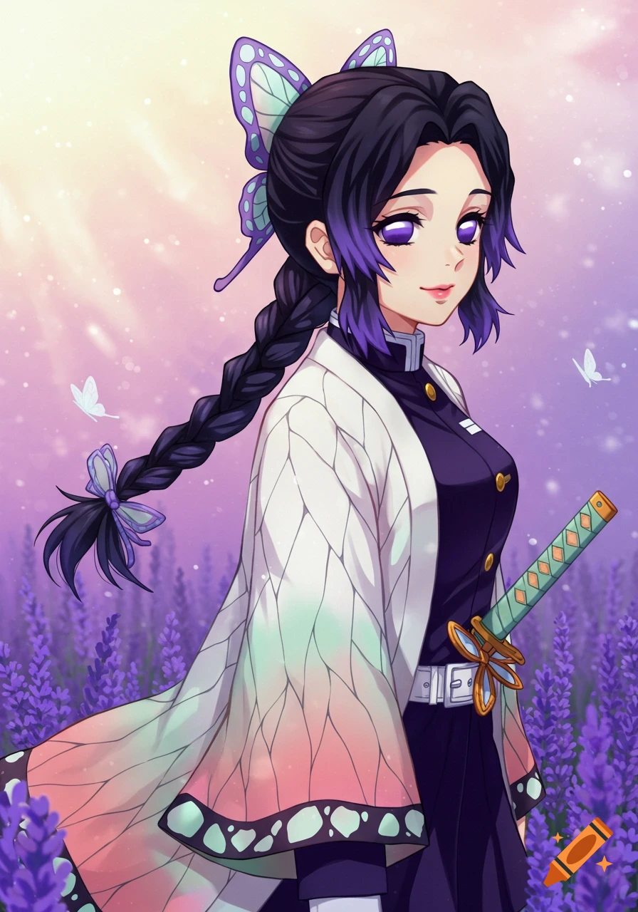 Anime portrait of Shinobu Kocho in a field of lavender