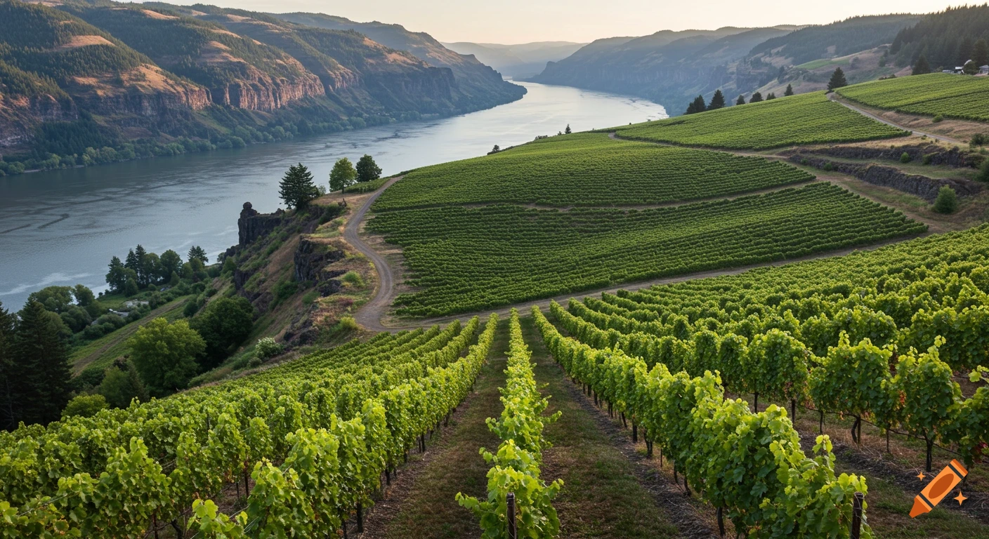 Vineyard rows on a hillside overlooking a river and mountains.