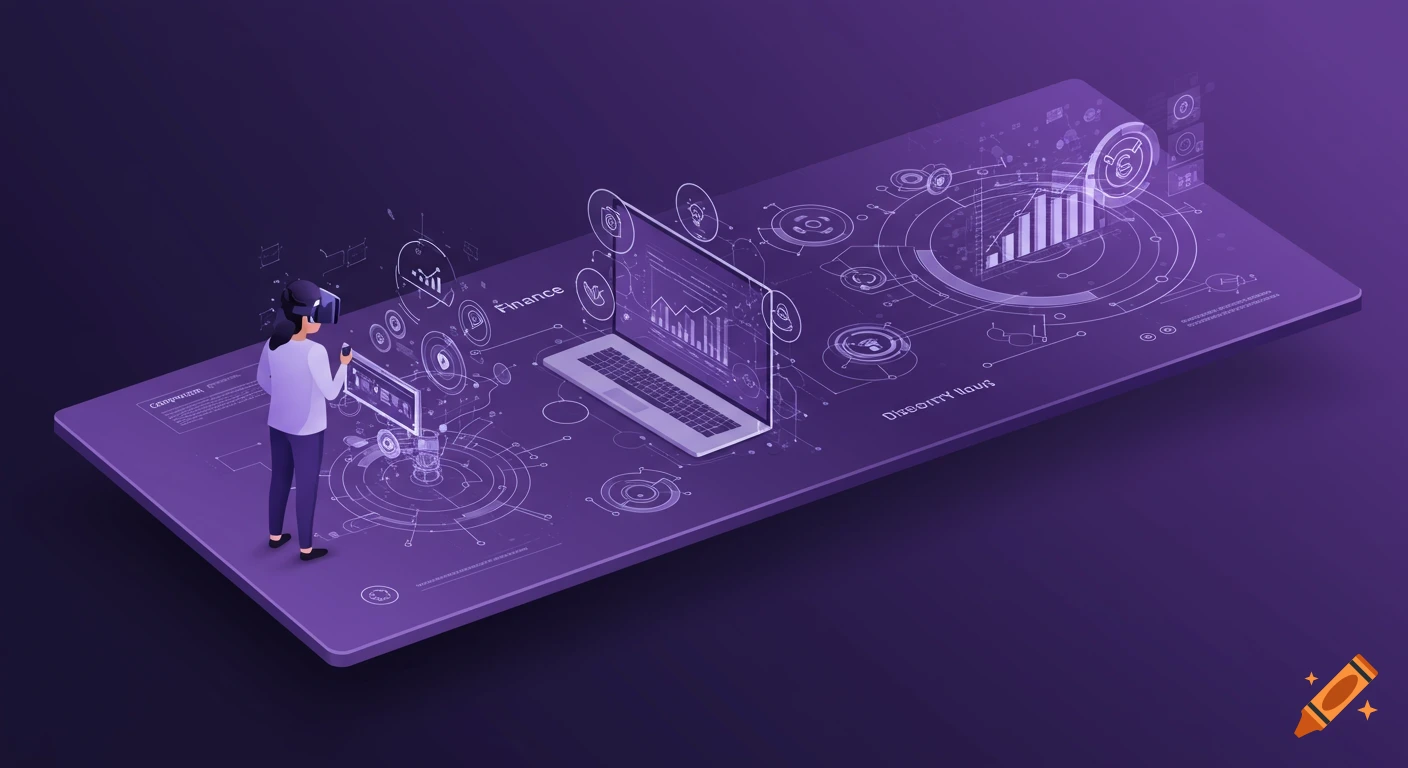Isometric digital art of a person using VR/AR interacting with futuristic finance data displays and laptop on a purple platform.