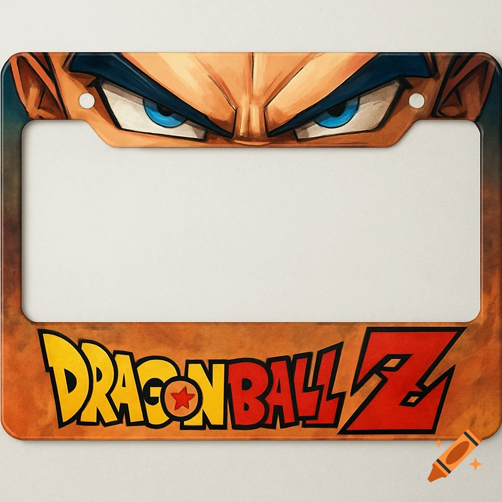 License plate frame with anime character's eyes and Dragon Ball Z logo