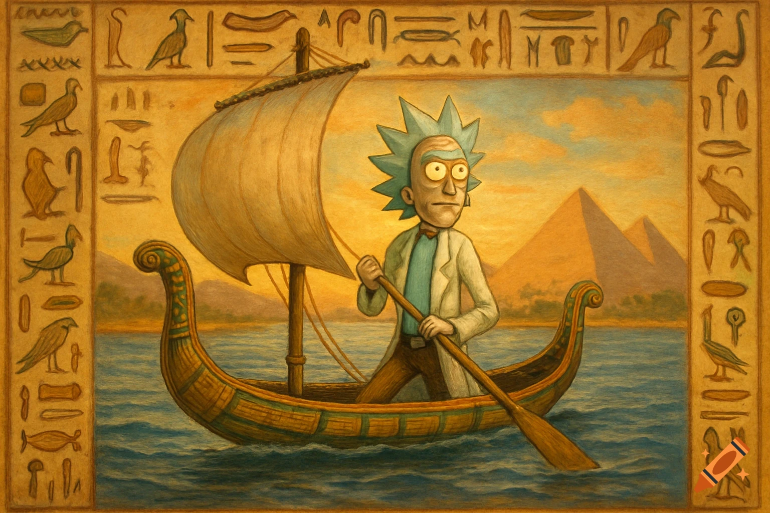 Rick Sanchez sails a traditional Egyptian boat on the Nile, framed by hieroglyphs and pyramids.