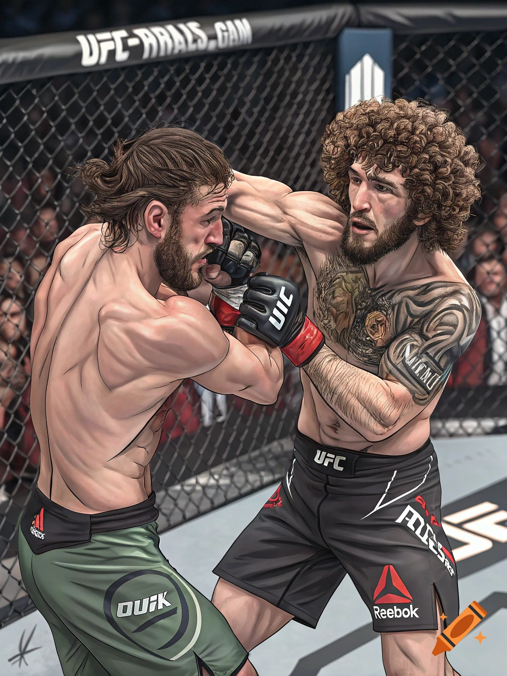 Stylized illustration of two UFC fighters exchanging punches in a ring.