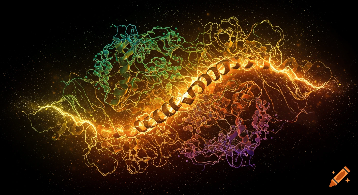 Abstract scientific visualization of a protein structure with glowing energy waves.