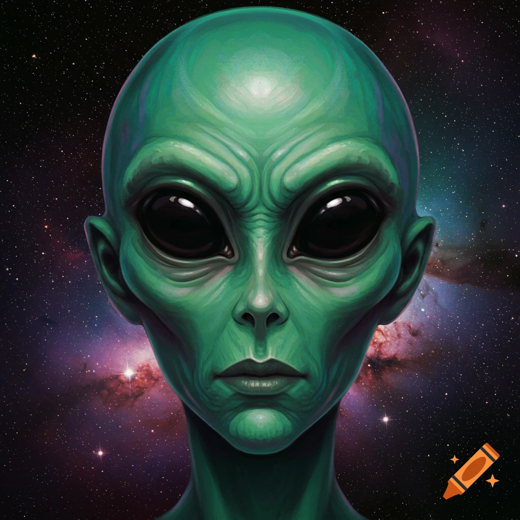 Close-up illustration of a green alien face against a starry space background with nebulae.