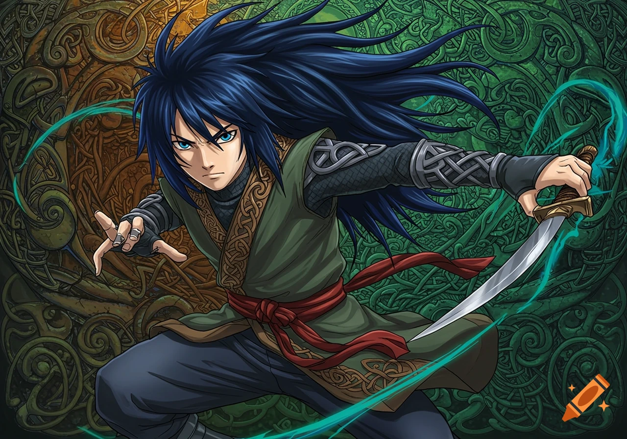 Anime warrior with sword against a celtic knot background.