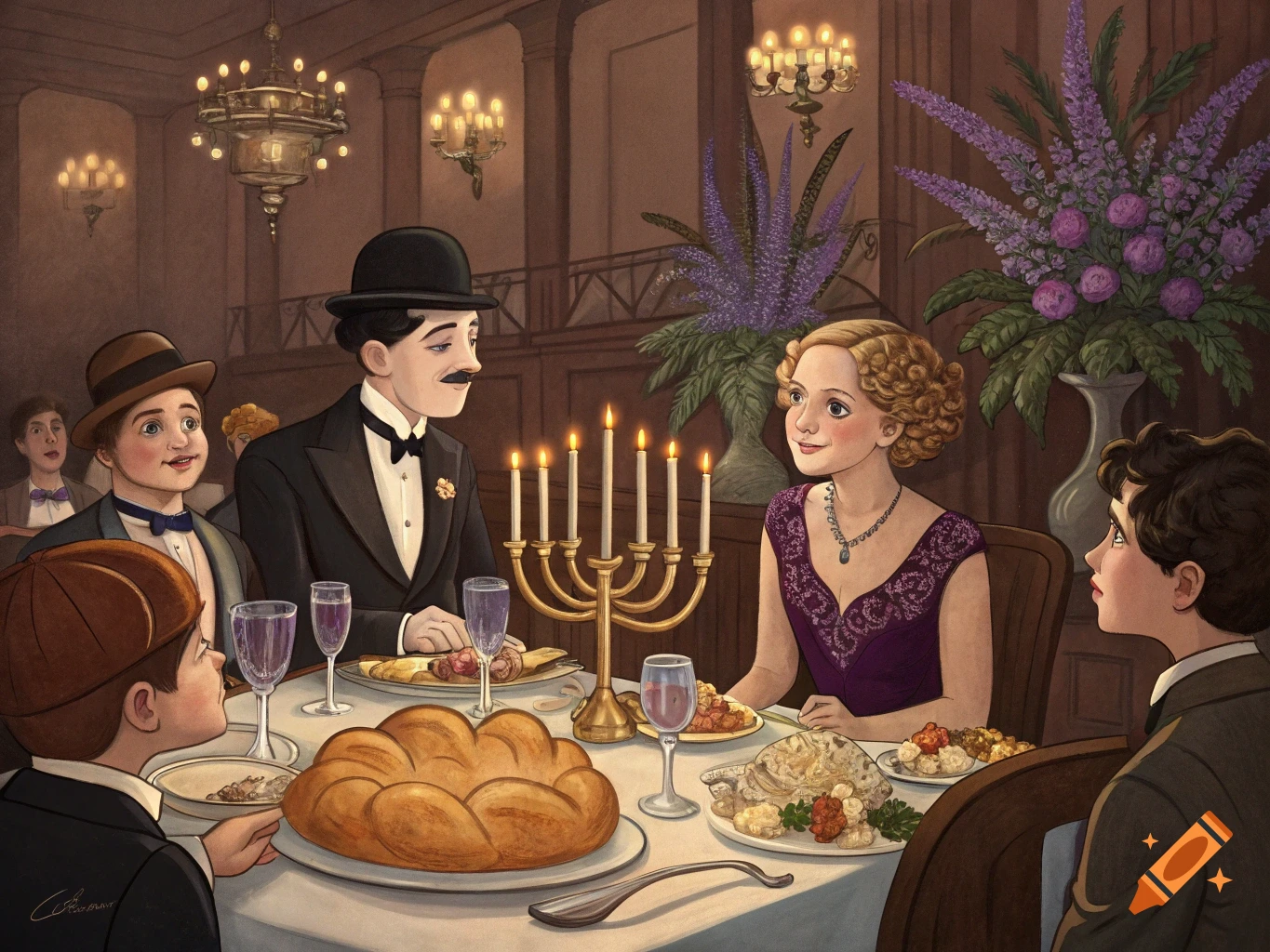 Illustration of people, including Charlie Chaplin, at a formal dinner table with challah, candles, and flowers under chandeliers.