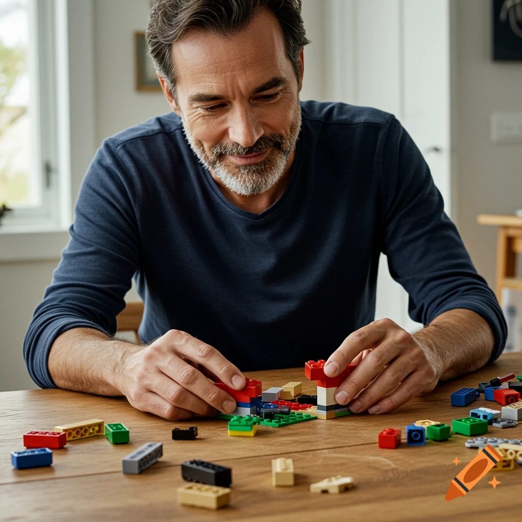 A man builds a structure with colorful toy bricks on a wooden table.