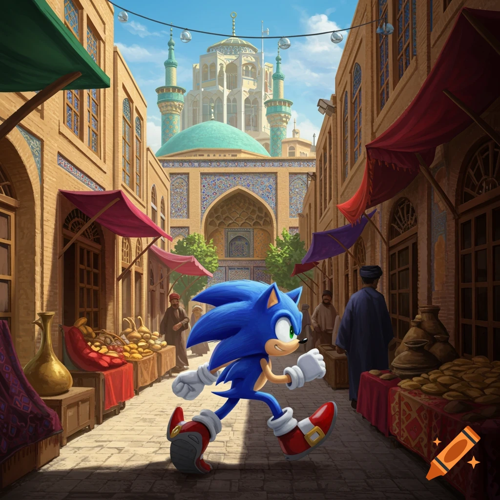 Sonic the Hedgehog running through a detailed marketplace street with a large mosque in the background.