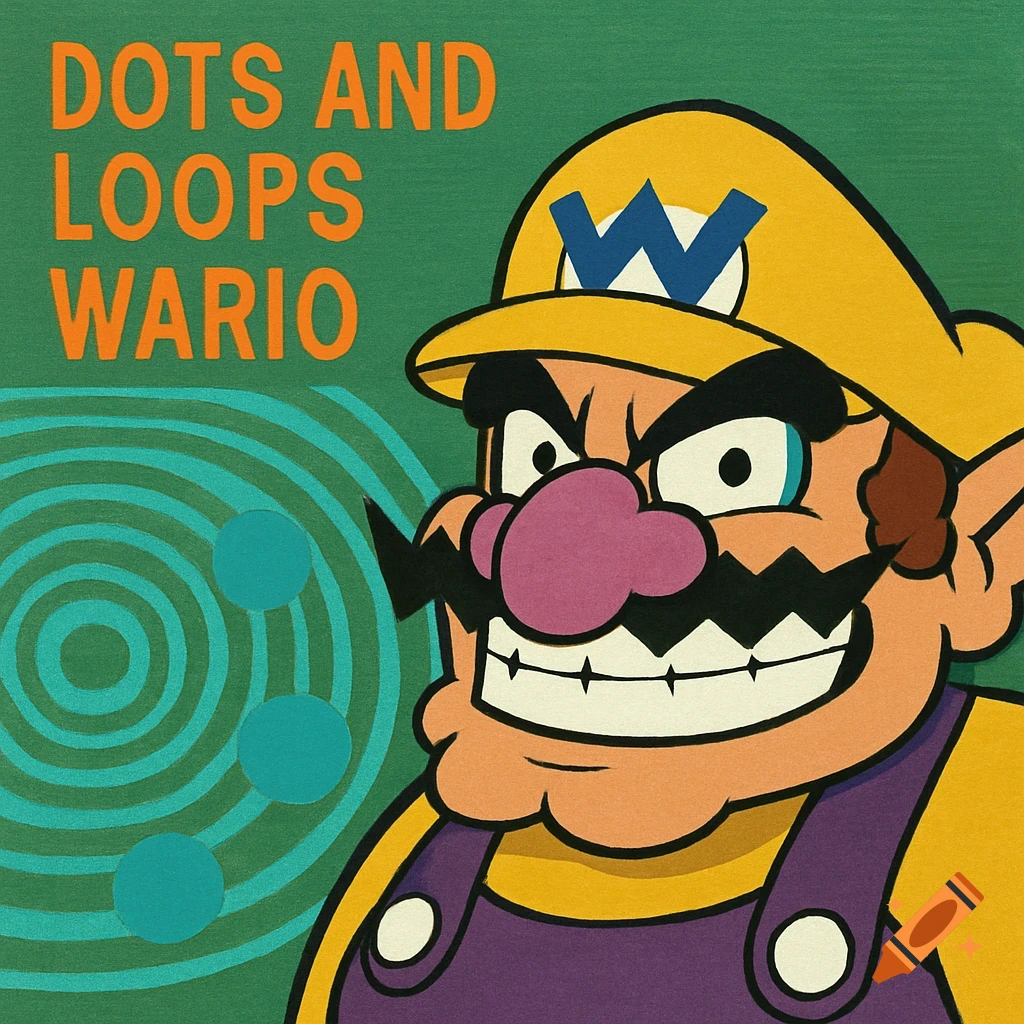 Wario on a green background with concentric circles and blue dots and the text 'DOTS AND LOOPS WARIO' in a graphic style.