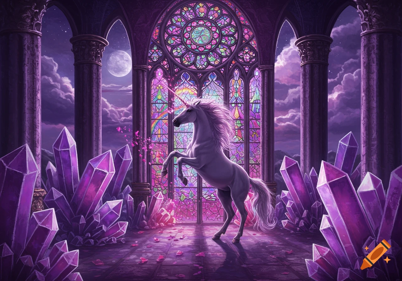 A white unicorn rears up in a purple crystal palace under moonlight, with a rainbow stained glass window behind it.