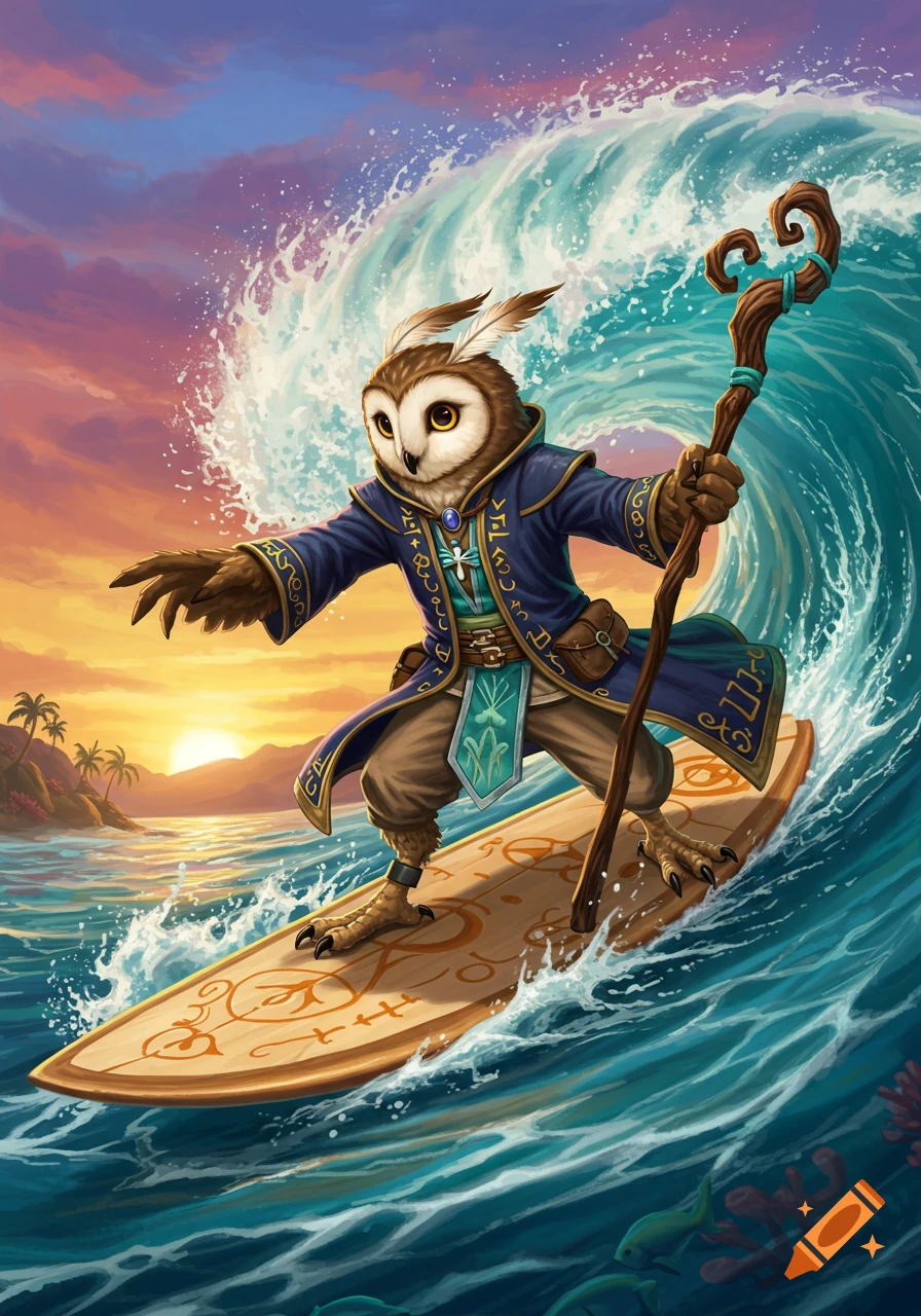 An anthropomorphic owl character wearing a robe surfs a large wave at sunset, holding a staff.