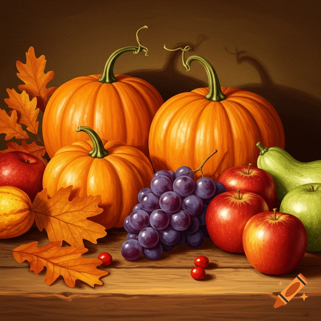 Still life of pumpkins, apples, grapes, and autumn leaves on a wooden table.