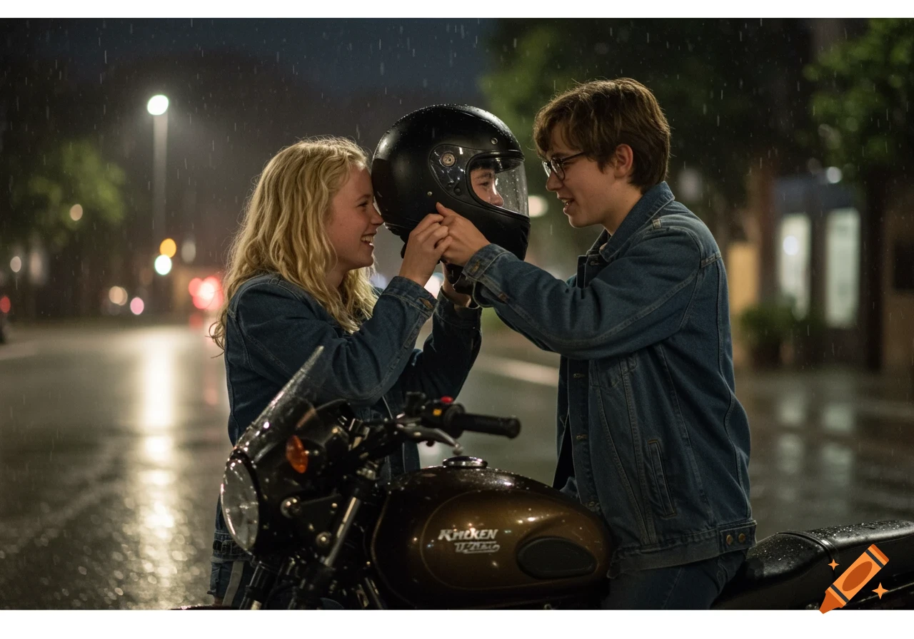 Photorealistic image of a young couple on a motorcycle in the rain, one taking off a helmet.