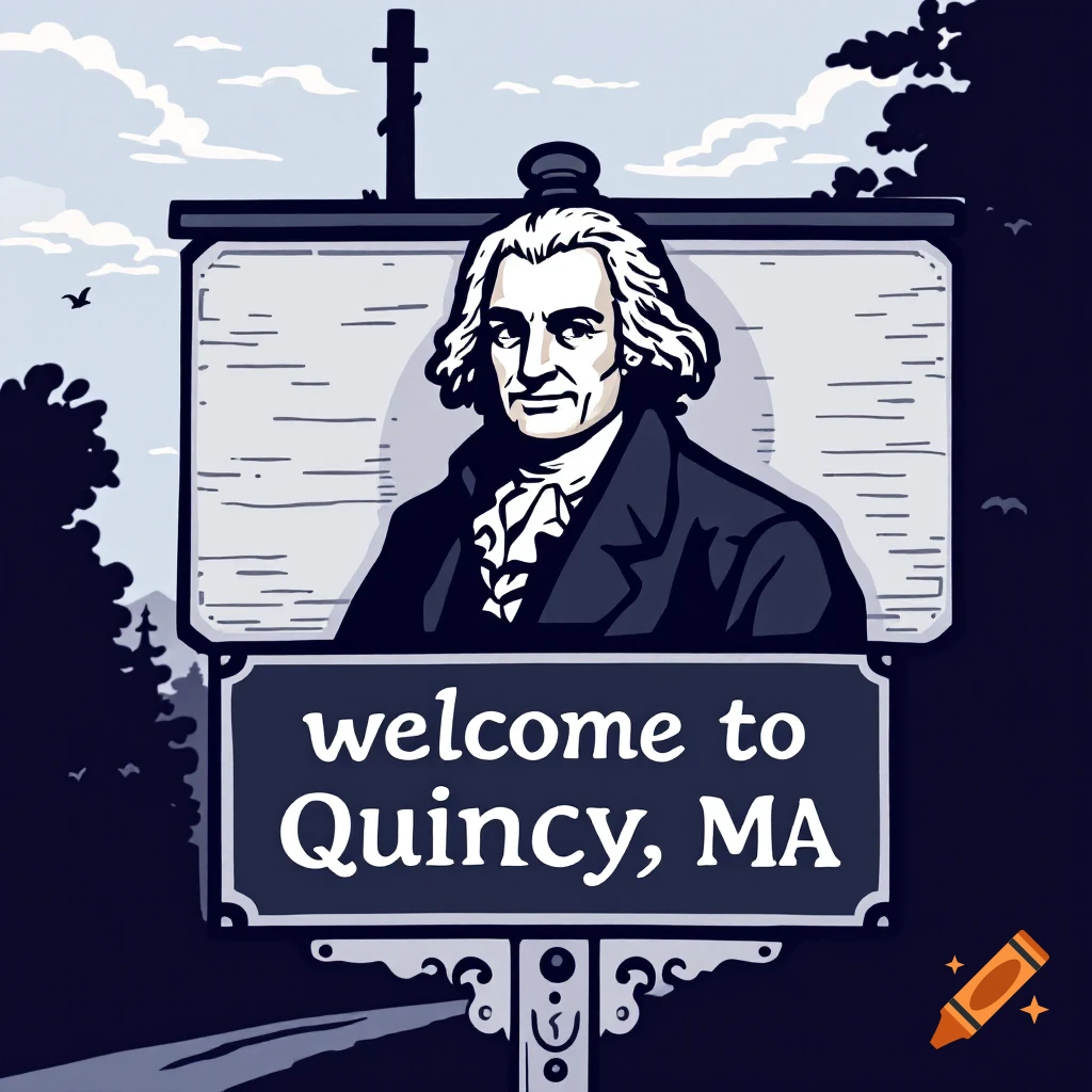 Clip art illustration of John Adams on a sign reading 'welcome to Quincy, MA'