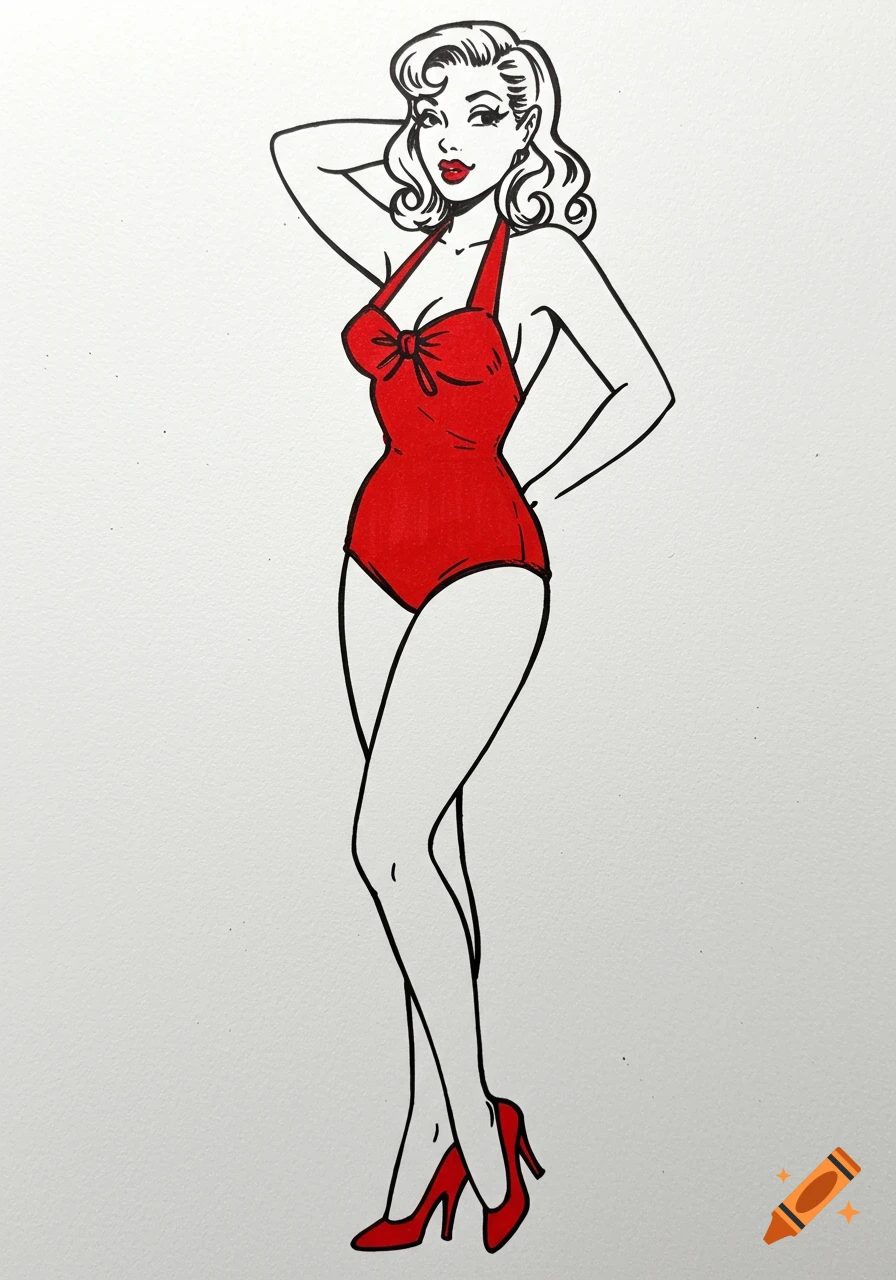 A pinup illustration of a woman in a red swimsuit and high heels, with bold lines.