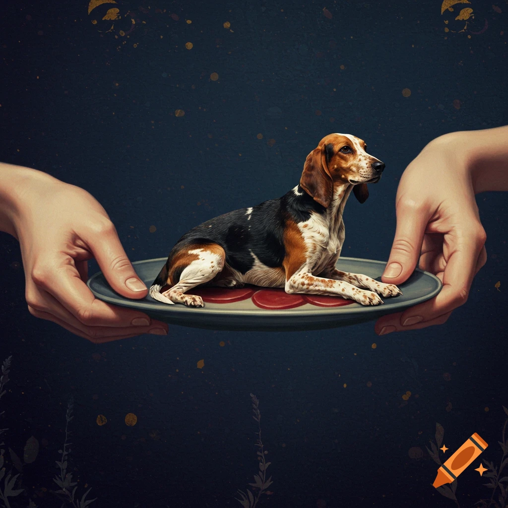 A beagle dog lies on a plate held by two hands.