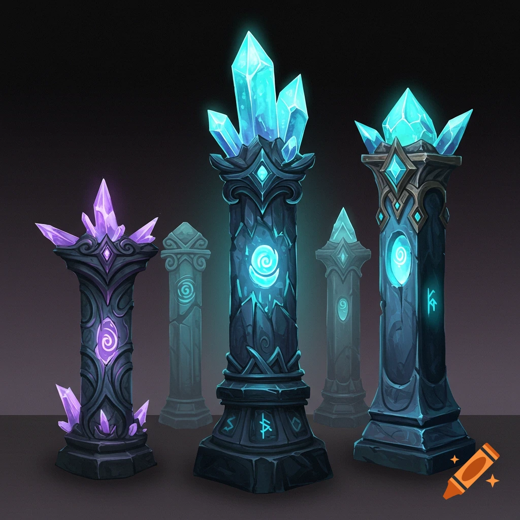 Several fantasy pillars with glowing crystals and runes on a dark background.