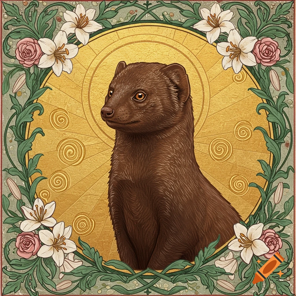 Portrait of a mongoose with a golden halo and ornate floral frame in an illustrative, art nouveau style.