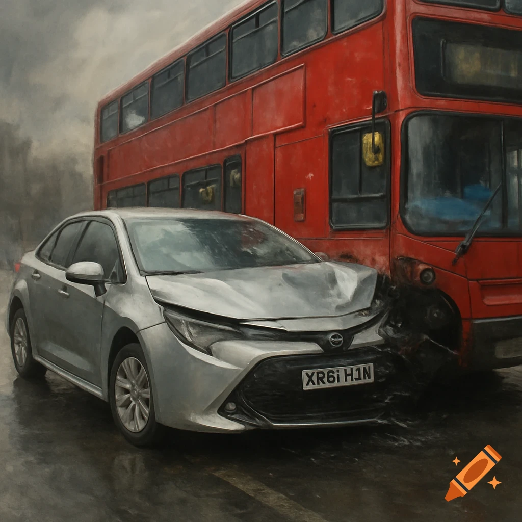 A silver car crashed into the front of a red double-decker bus on a wet street.
