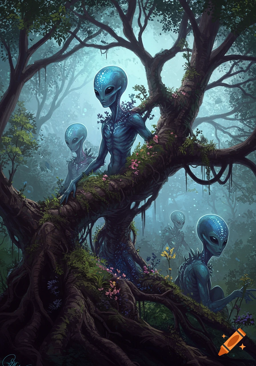 Blue aliens integrated into mossy trees in a misty forest, digital art