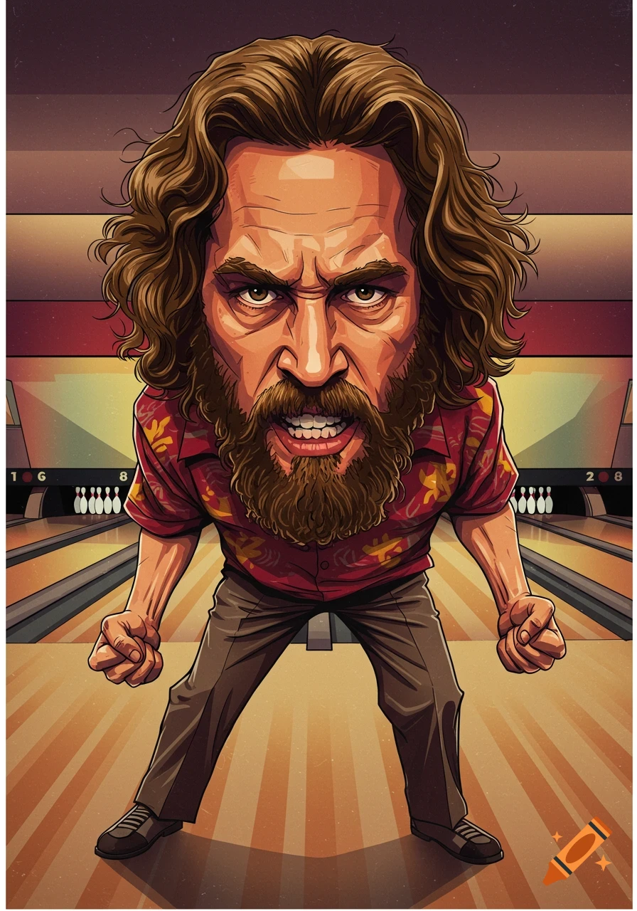 Caricature of an angry man with a beard in a bowling alley.