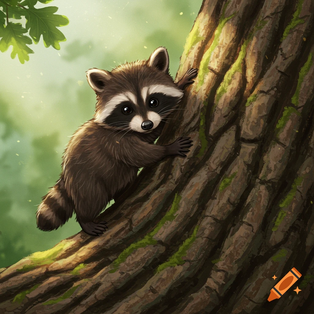 Cute cartoon raccoon climbing a tree