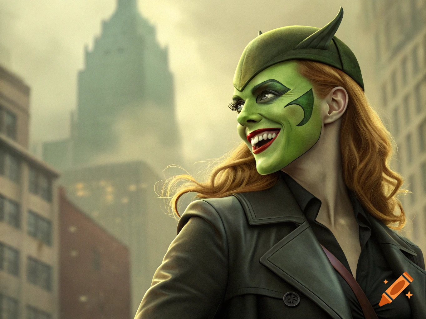 Woman with green face paint and hat in Black Mask cosplay smiling in a city