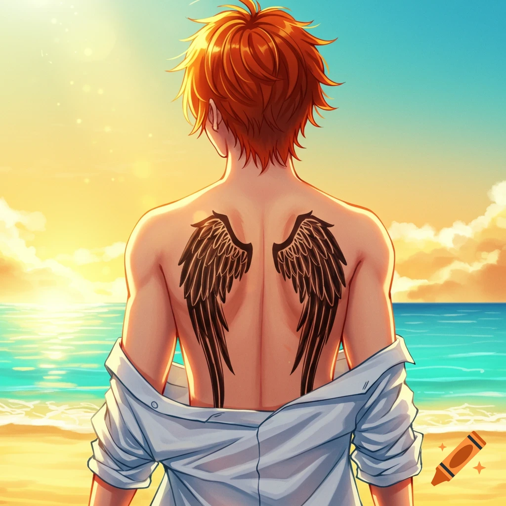 Anime male character with angel wing tattoo on his back, standing on a sunny beach looking at the ocean.